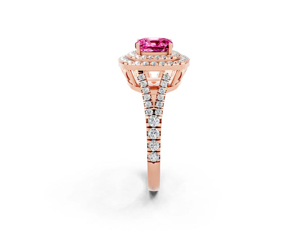 Rose gold Cushion Cut Pink Sapphire Double Halo Ring with Pavé Band and Prong Setting