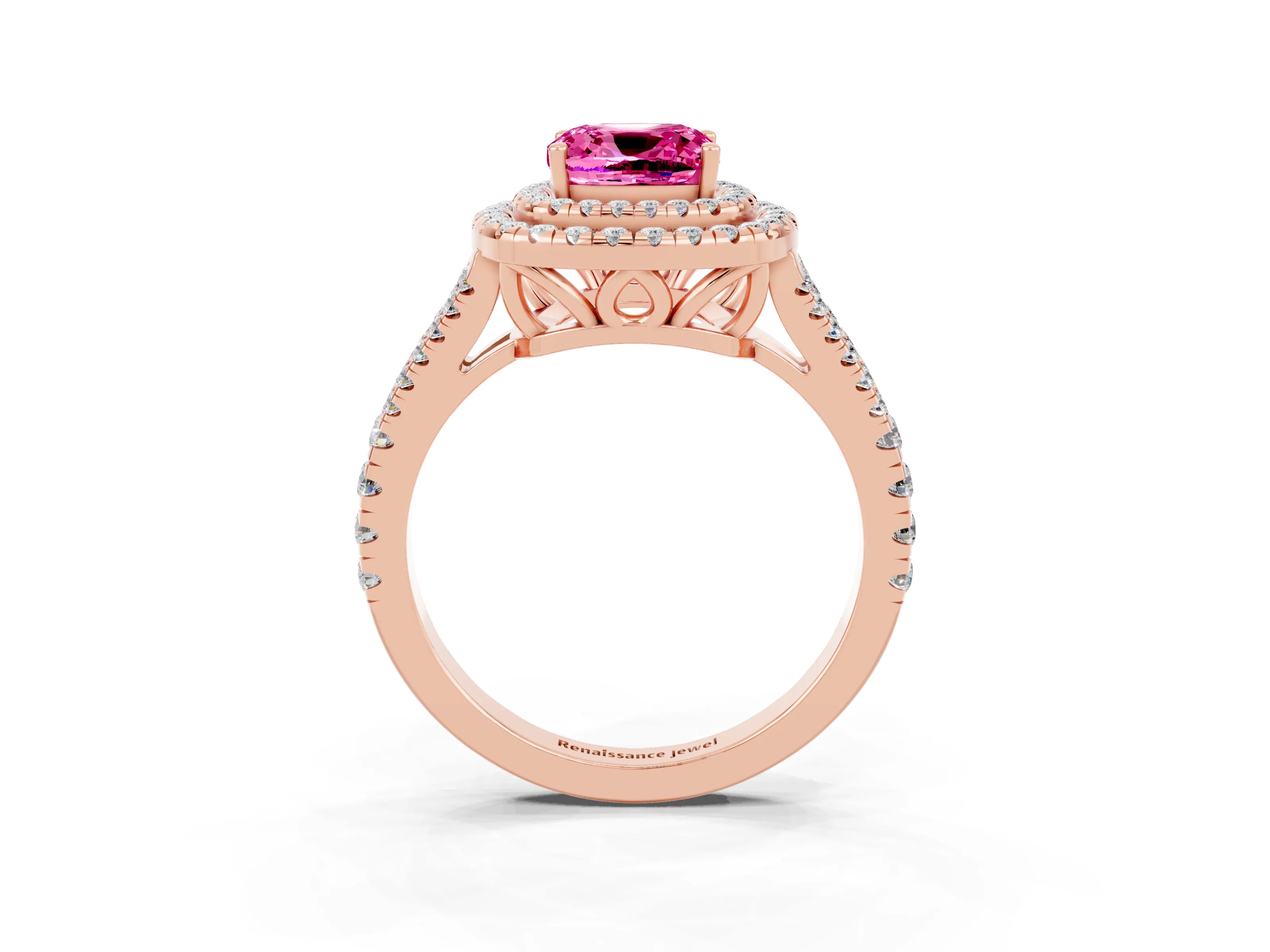 Rose gold Cushion Cut Pink Sapphire Double Halo Ring with Pavé Band and Prong Setting_15