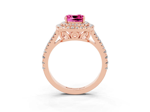 Rose gold Cushion Cut Pink Sapphire Double Halo Ring with Pavé Band and Prong Setting
