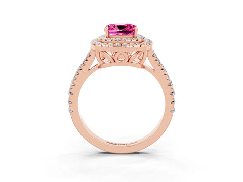 Rose gold Cushion Cut Pink Sapphire Double Halo Ring with Pavé Band and Prong Setting_15