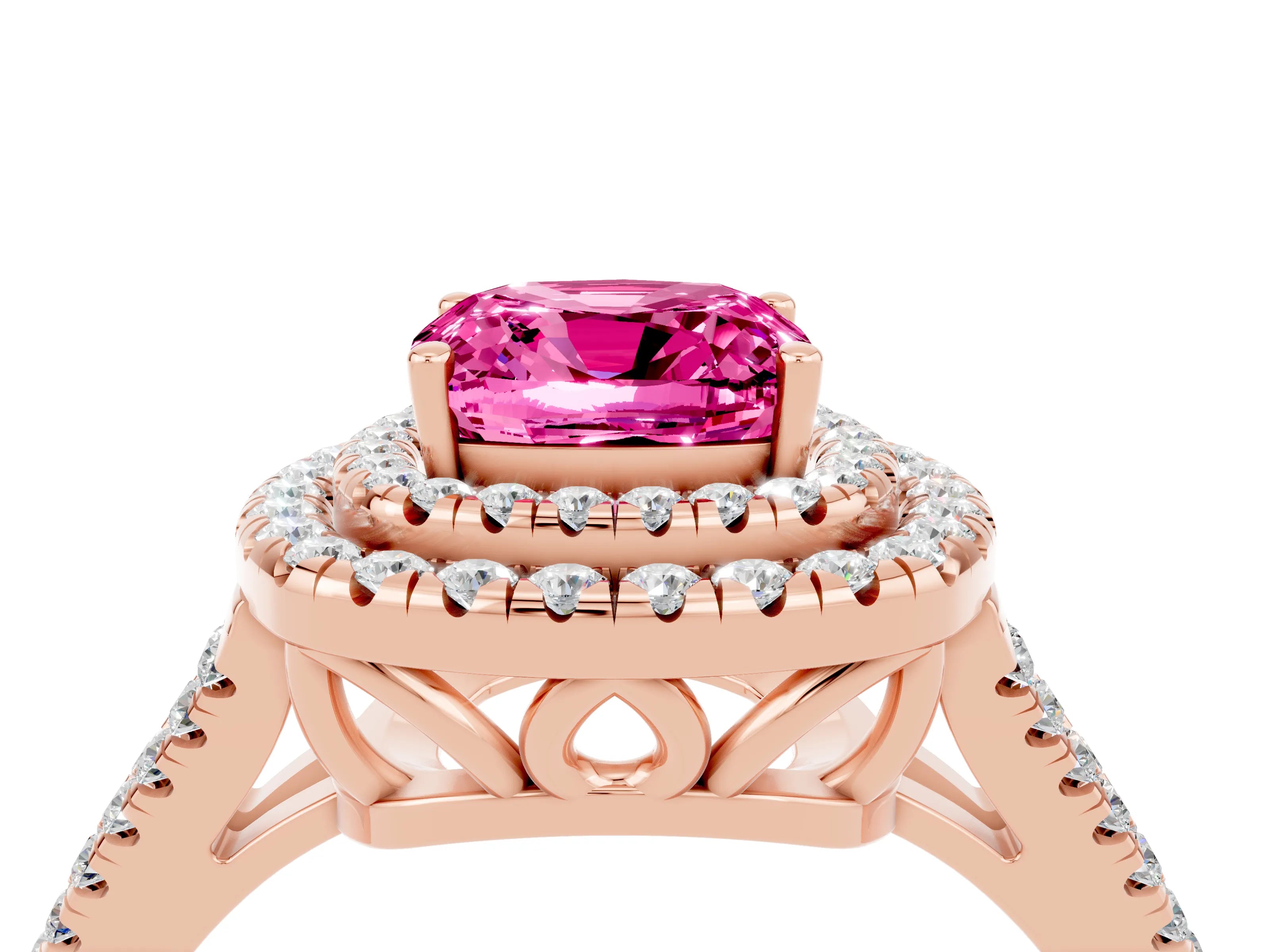 Rose gold Cushion Cut Pink Sapphire Double Halo Ring with Pavé Band and Prong Setting_16