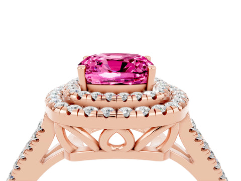 Rose gold Cushion Cut Pink Sapphire Double Halo Ring with Pavé Band and Prong Setting_16