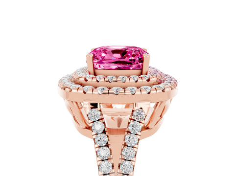 Rose gold Cushion Cut Pink Sapphire Double Halo Ring with Pavé Band and Prong Setting_17