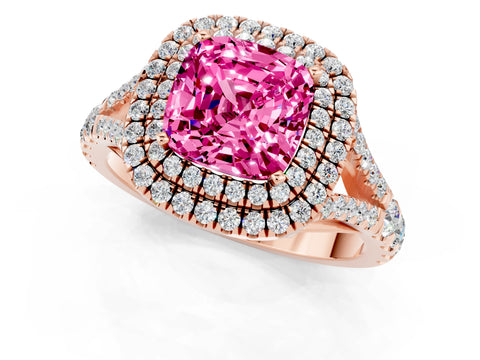 Rose gold Cushion Cut Pink Sapphire Double Halo Ring with Split Shank and Prong Setting_13