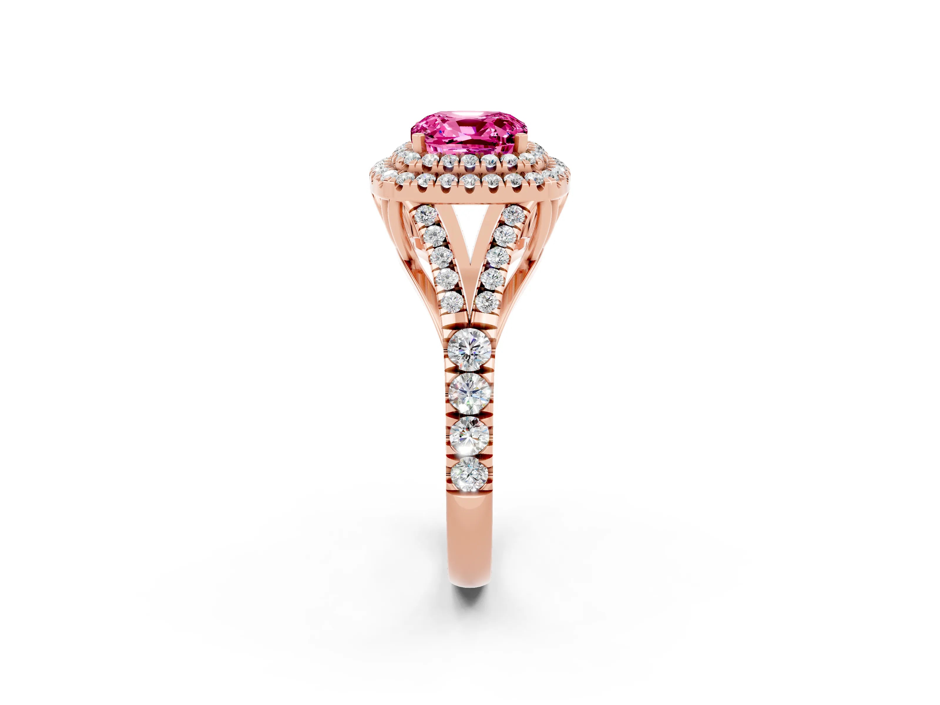 Rose gold Cushion Cut Pink Sapphire Double Halo Ring with Split Shank and Prong Setting_14