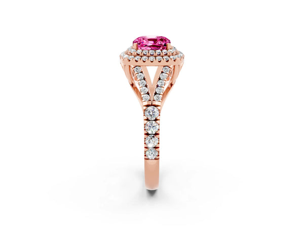 Rose gold Cushion Cut Pink Sapphire Double Halo Ring with Split Shank and Prong Setting
