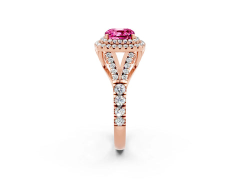 Rose gold Cushion Cut Pink Sapphire Double Halo Ring with Split Shank and Prong Setting_14