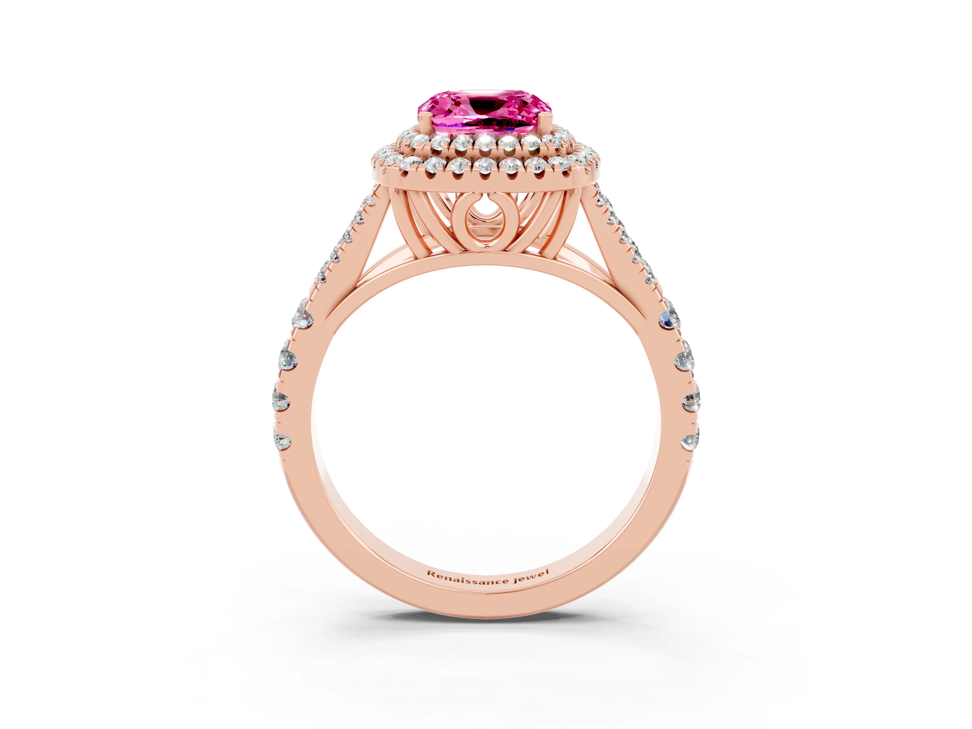 Rose gold Cushion Cut Pink Sapphire Double Halo Ring with Split Shank and Prong Setting_15