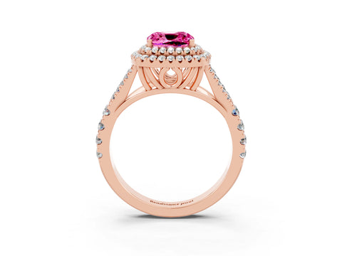 Rose gold Cushion Cut Pink Sapphire Double Halo Ring with Split Shank and Prong Setting_15
