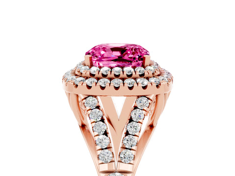 Rose gold Cushion Cut Pink Sapphire Double Halo Ring with Split Shank and Prong Setting_17
