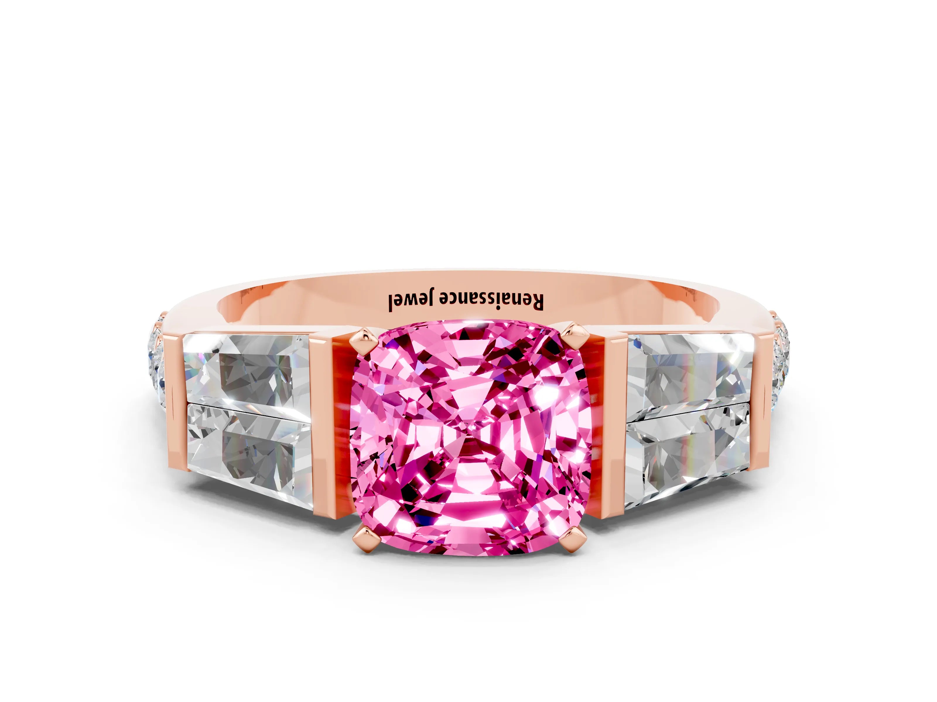 Rose gold Cushion Cut Pink Sapphire Engagement Ring with Baguette Side Stones and Channel Set Band