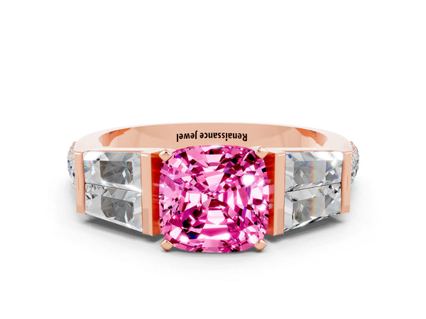Rose gold Cushion Cut Pink Sapphire Engagement Ring with Baguette Side Stones and Channel Set Band