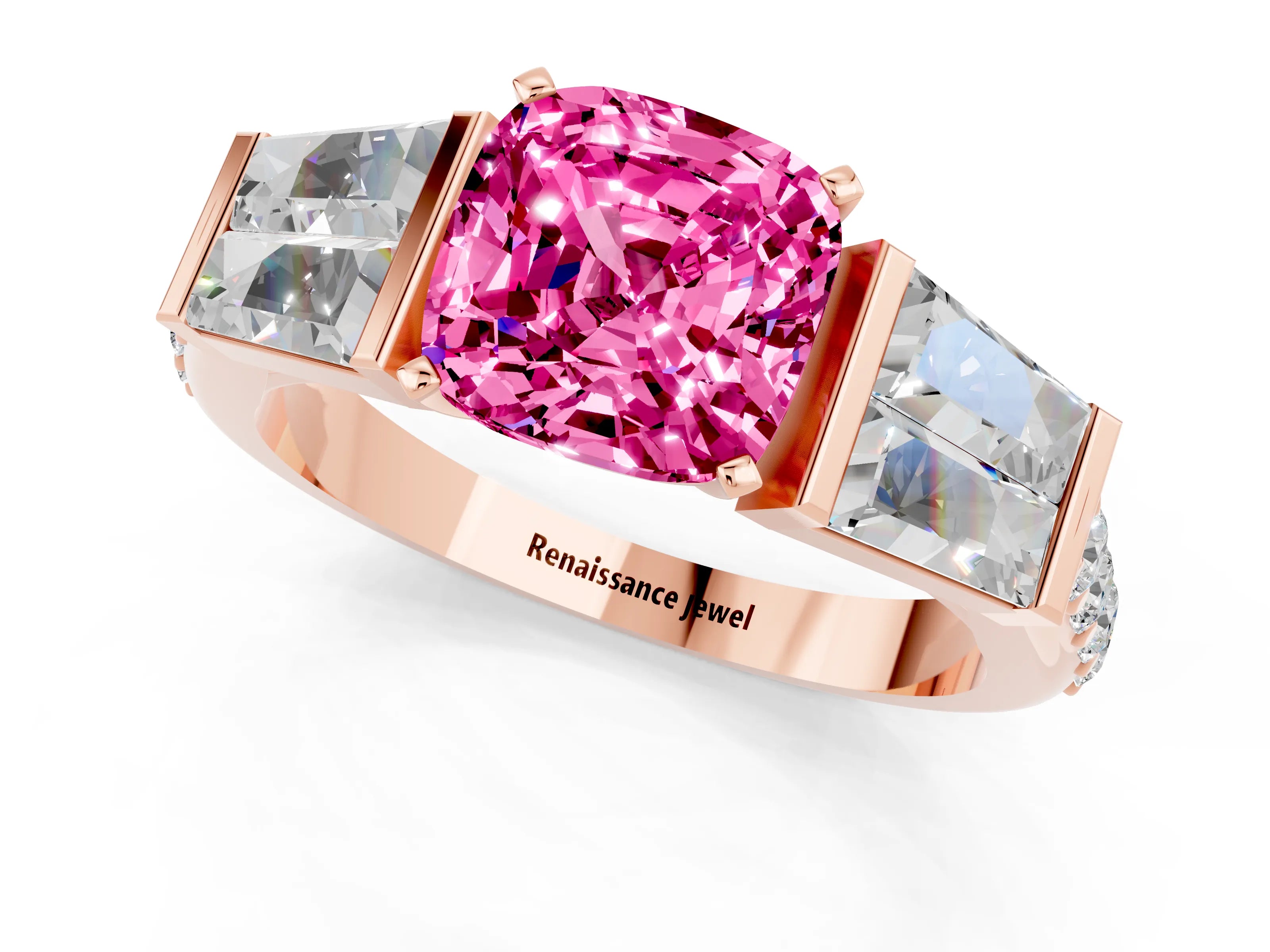 Rose gold Cushion Cut Pink Sapphire Engagement Ring with Baguette Side Stones and Channel Set Band_1