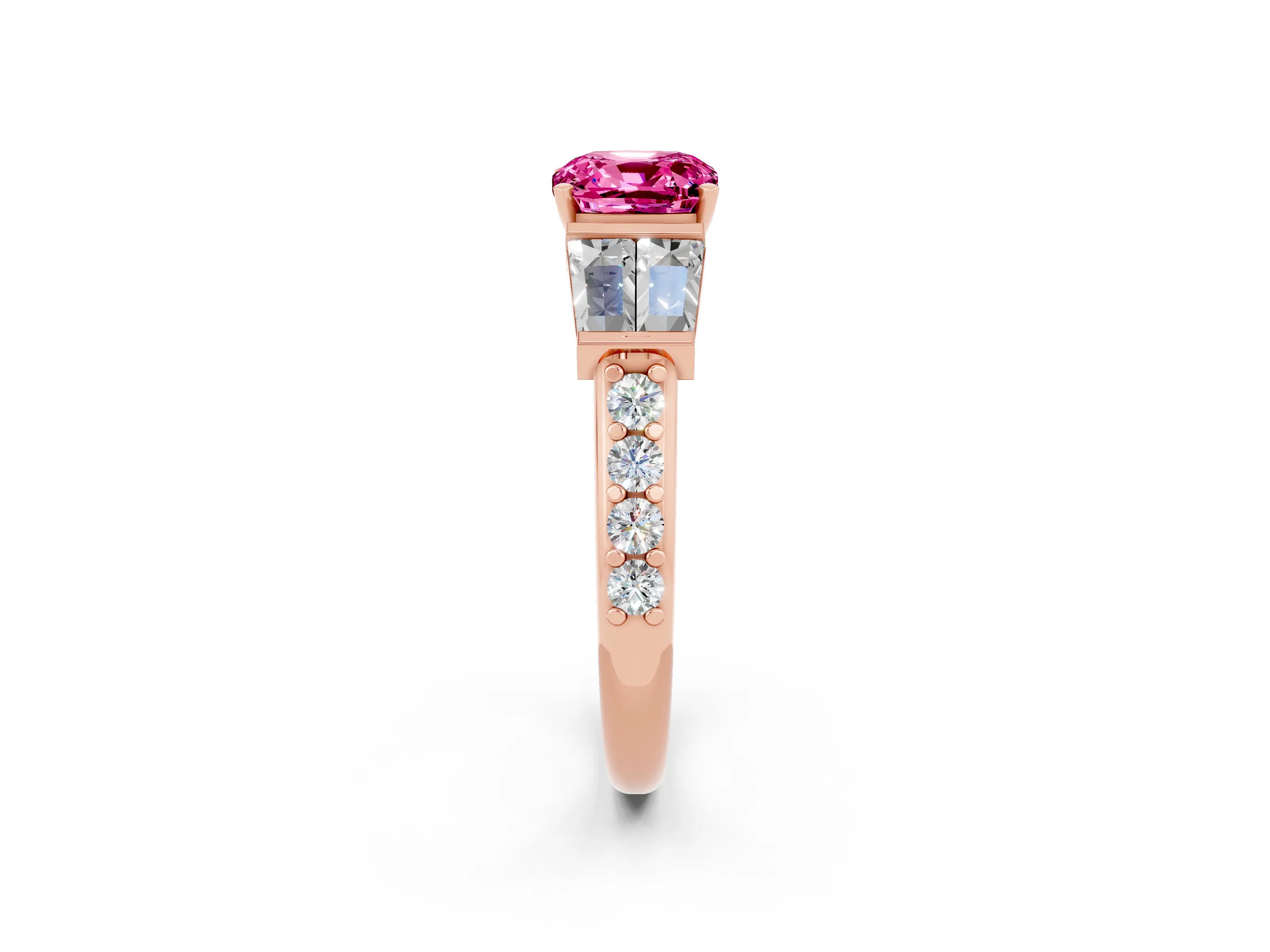 Rose gold Cushion Cut Pink Sapphire Engagement Ring with Baguette Side Stones and Channel Set Band_2