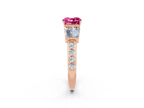 Rose gold Cushion Cut Pink Sapphire Engagement Ring with Baguette Side Stones and Channel Set Band_2