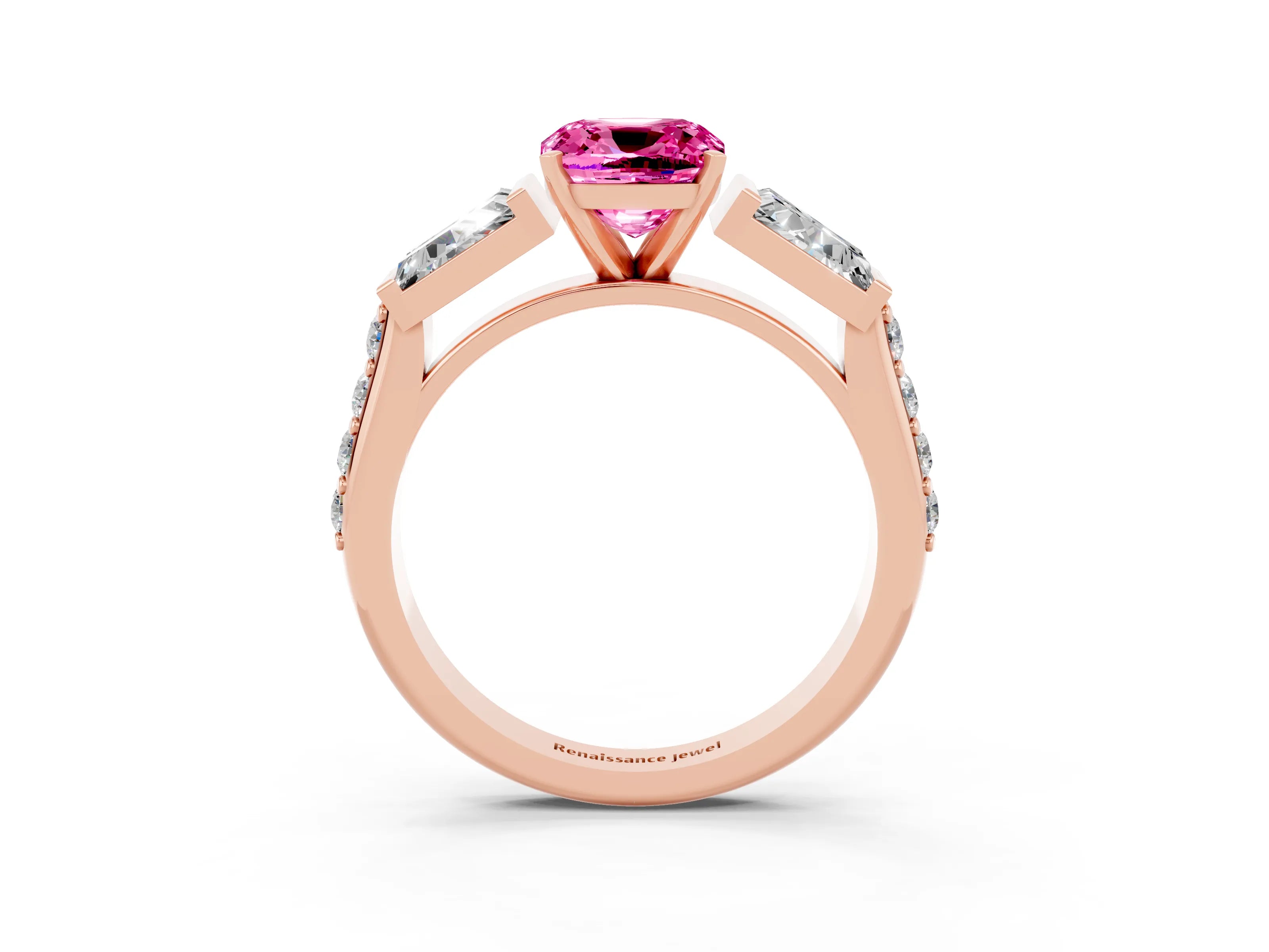 Rose gold Cushion Cut Pink Sapphire Engagement Ring with Baguette Side Stones and Channel Set Band_3