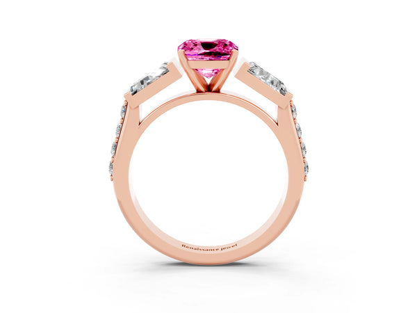 Rose gold Cushion Cut Pink Sapphire Engagement Ring with Baguette Side Stones and Channel Set Band