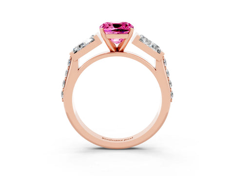 Rose gold Cushion Cut Pink Sapphire Engagement Ring with Baguette Side Stones and Channel Set Band_3