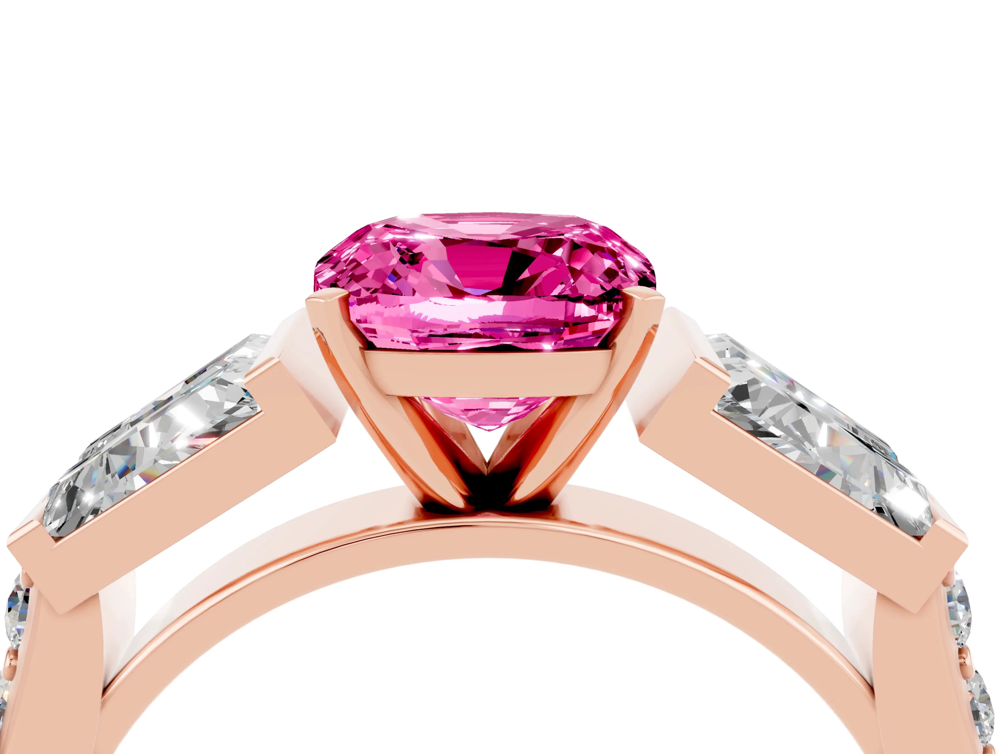 Rose gold Cushion Cut Pink Sapphire Engagement Ring with Baguette Side Stones and Channel Set Band_4