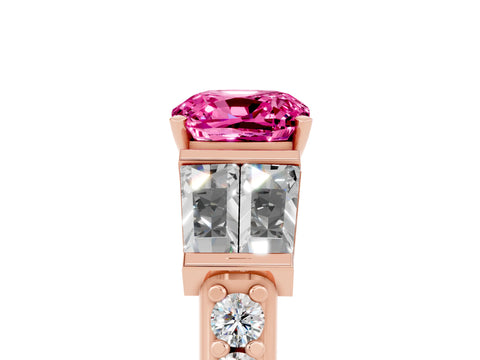 Rose gold Cushion Cut Pink Sapphire Engagement Ring with Baguette Side Stones and Channel Set Band_5