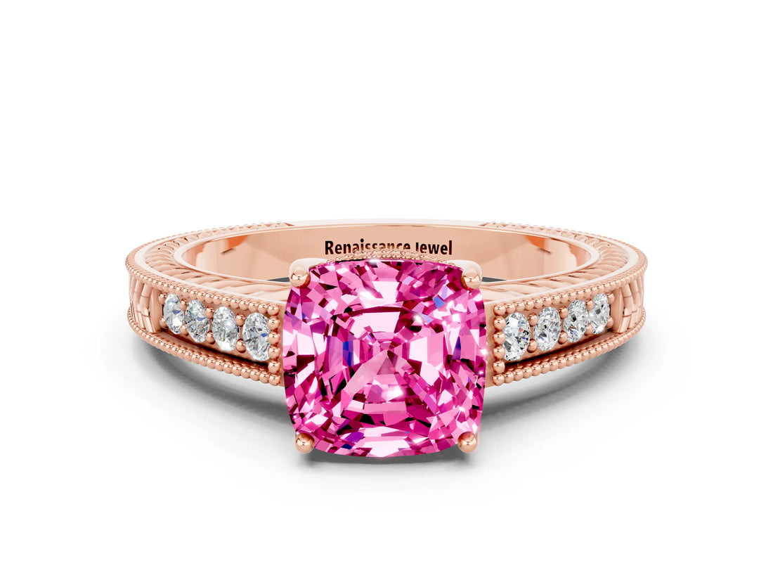Rose gold Cushion Cut Pink Sapphire Engagement Ring with Milgrain Channel Set Band and Prong Setting_24