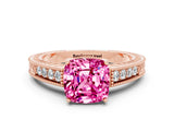 Rose gold Cushion Cut Pink Sapphire Engagement Ring with Milgrain Channel Set Band and Prong Setting_24