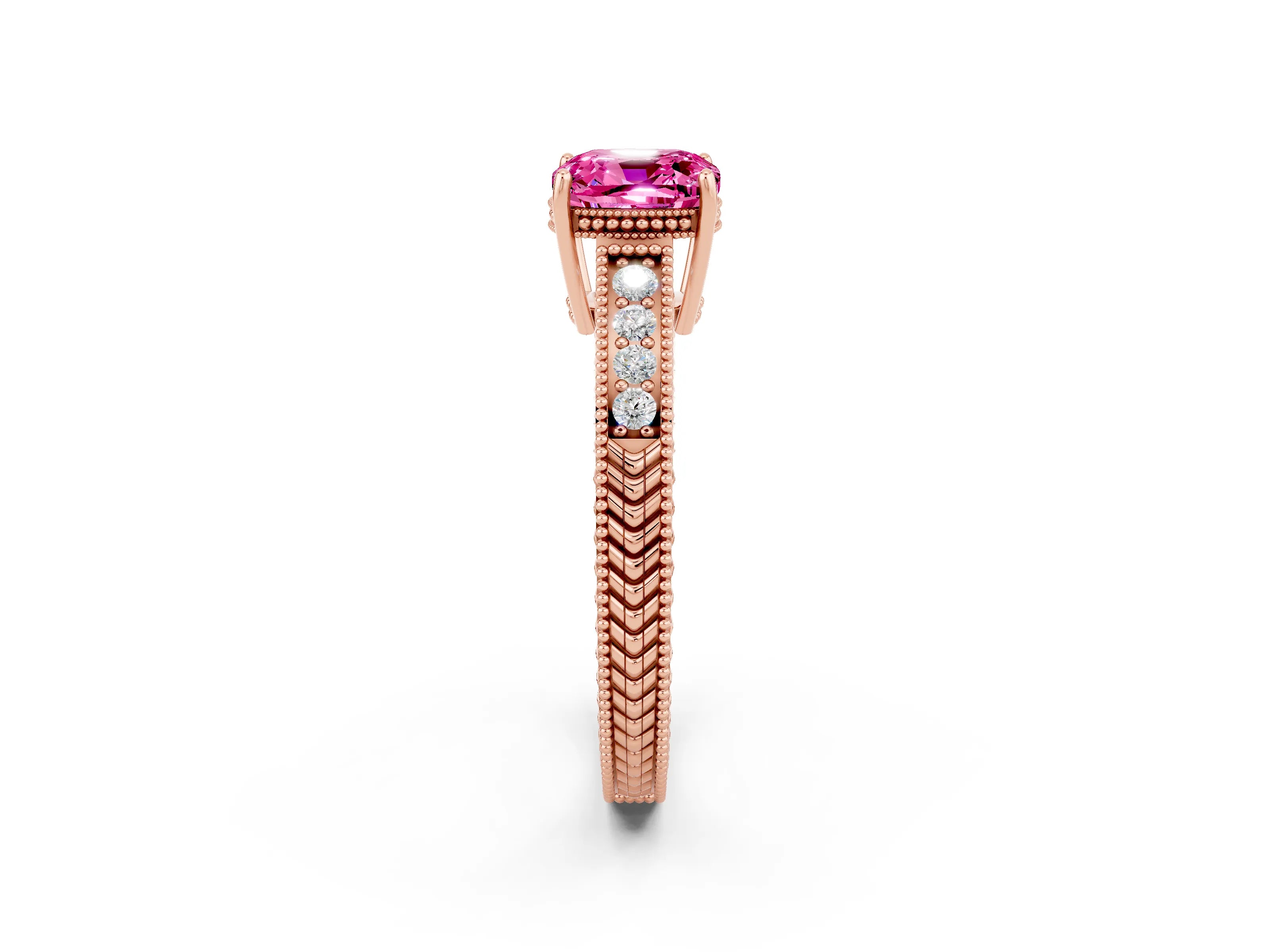 Rose gold Cushion Cut Pink Sapphire Engagement Ring with Milgrain Channel Set Band and Prong Setting_26