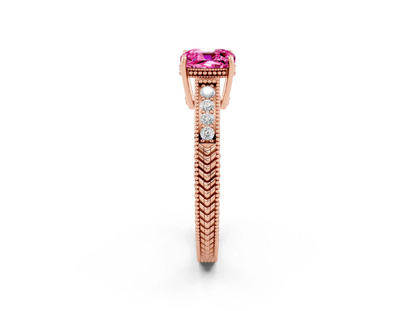 Rose gold Cushion Cut Pink Sapphire Engagement Ring with Milgrain Channel Set Band and Prong Setting