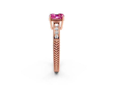 Rose gold Cushion Cut Pink Sapphire Engagement Ring with Milgrain Channel Set Band and Prong Setting_26