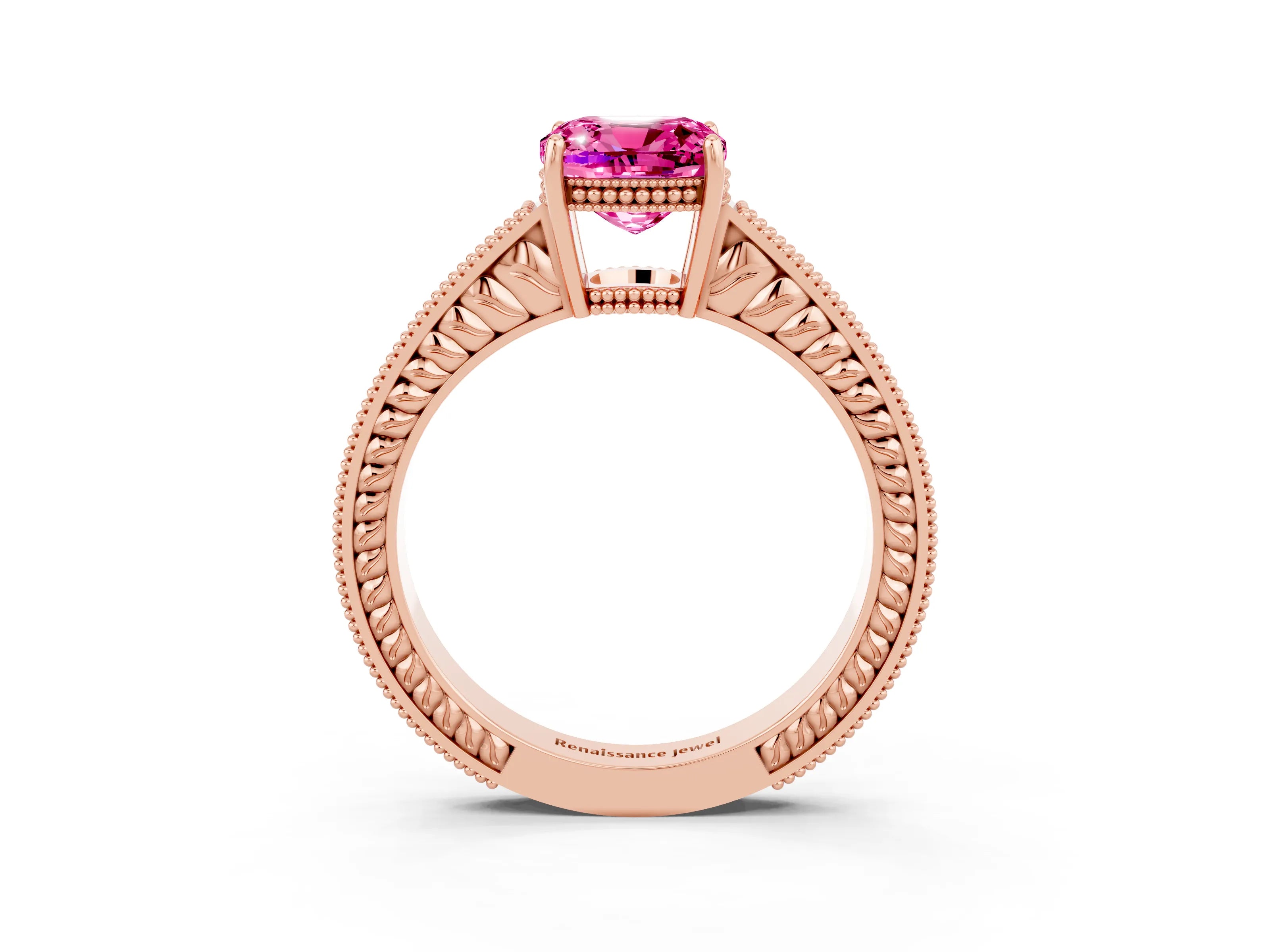 Rose gold Cushion Cut Pink Sapphire Engagement Ring with Milgrain Channel Set Band and Prong Setting_27