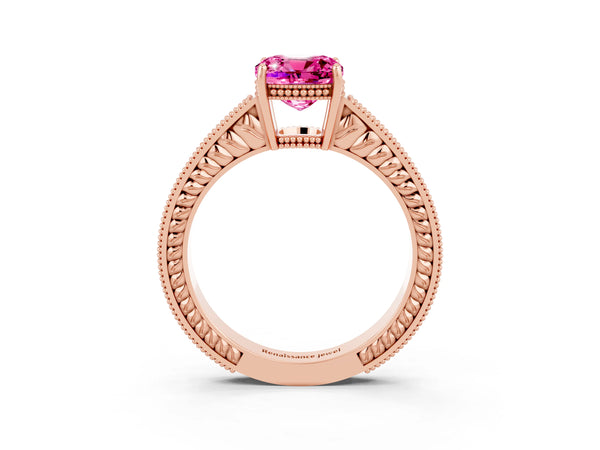 Rose gold Cushion Cut Pink Sapphire Engagement Ring with Milgrain Channel Set Band and Prong Setting