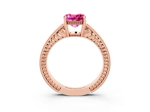 Rose gold Cushion Cut Pink Sapphire Engagement Ring with Milgrain Channel Set Band and Prong Setting_27