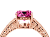 Rose gold Cushion Cut Pink Sapphire Engagement Ring with Milgrain Channel Set Band and Prong Setting_28