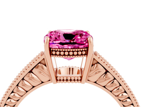 Rose gold Cushion Cut Pink Sapphire Engagement Ring with Milgrain Channel Set Band and Prong Setting_28