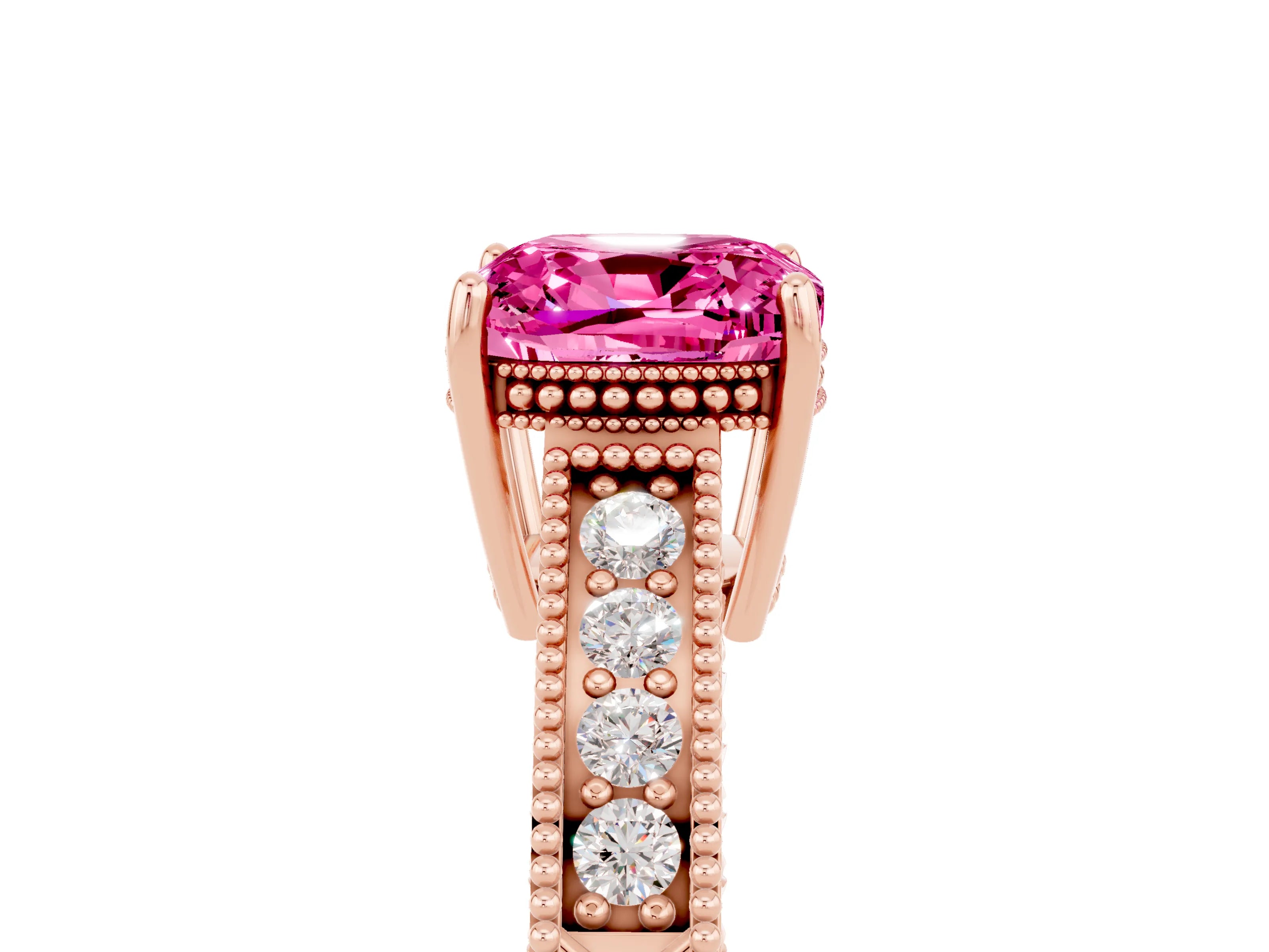Rose gold Cushion Cut Pink Sapphire Engagement Ring with Milgrain Channel Set Band and Prong Setting_29