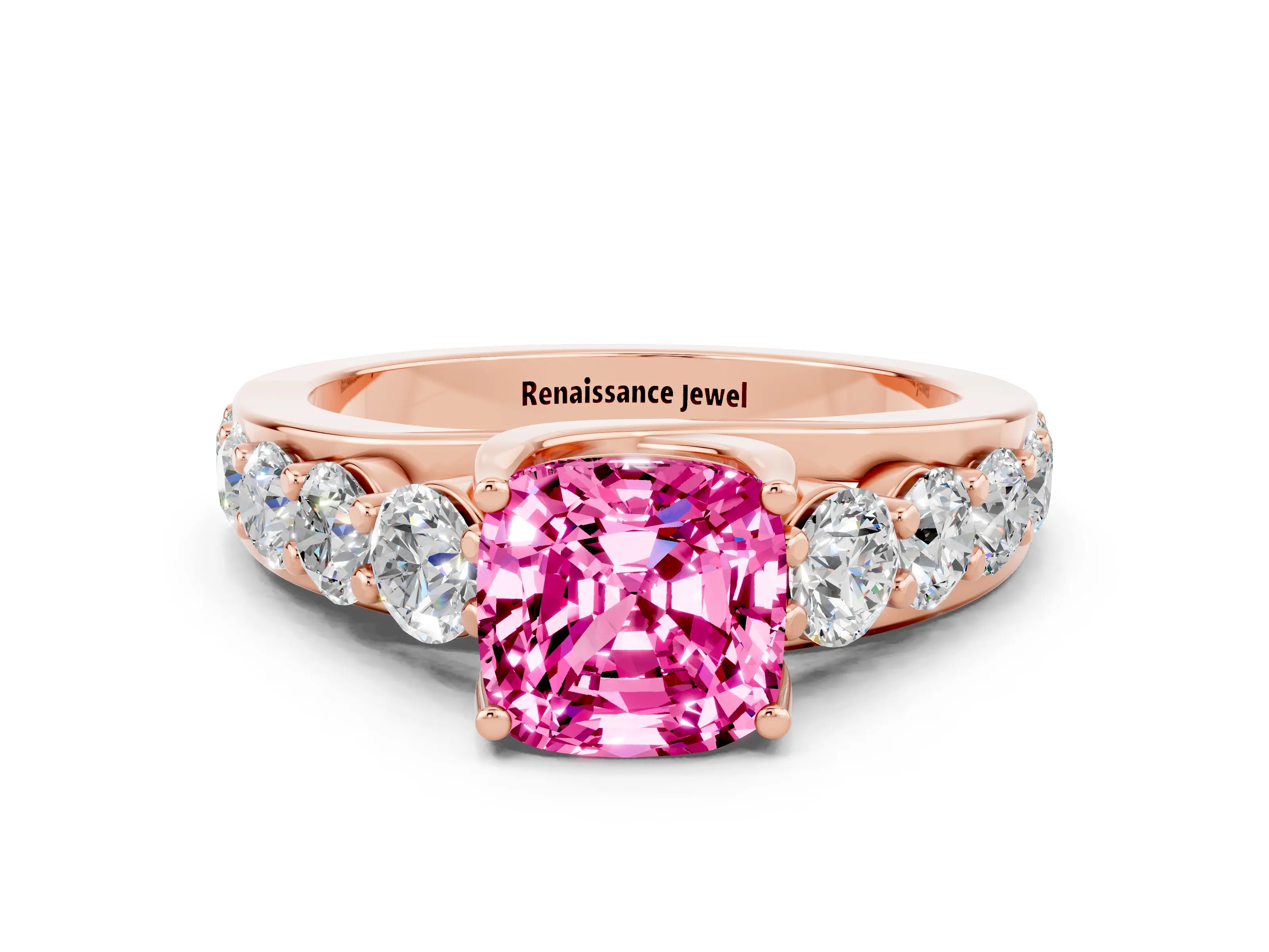 Rose gold Cushion Cut Pink Sapphire Engagement Ring with Pavé Band and Four-Prong Setting