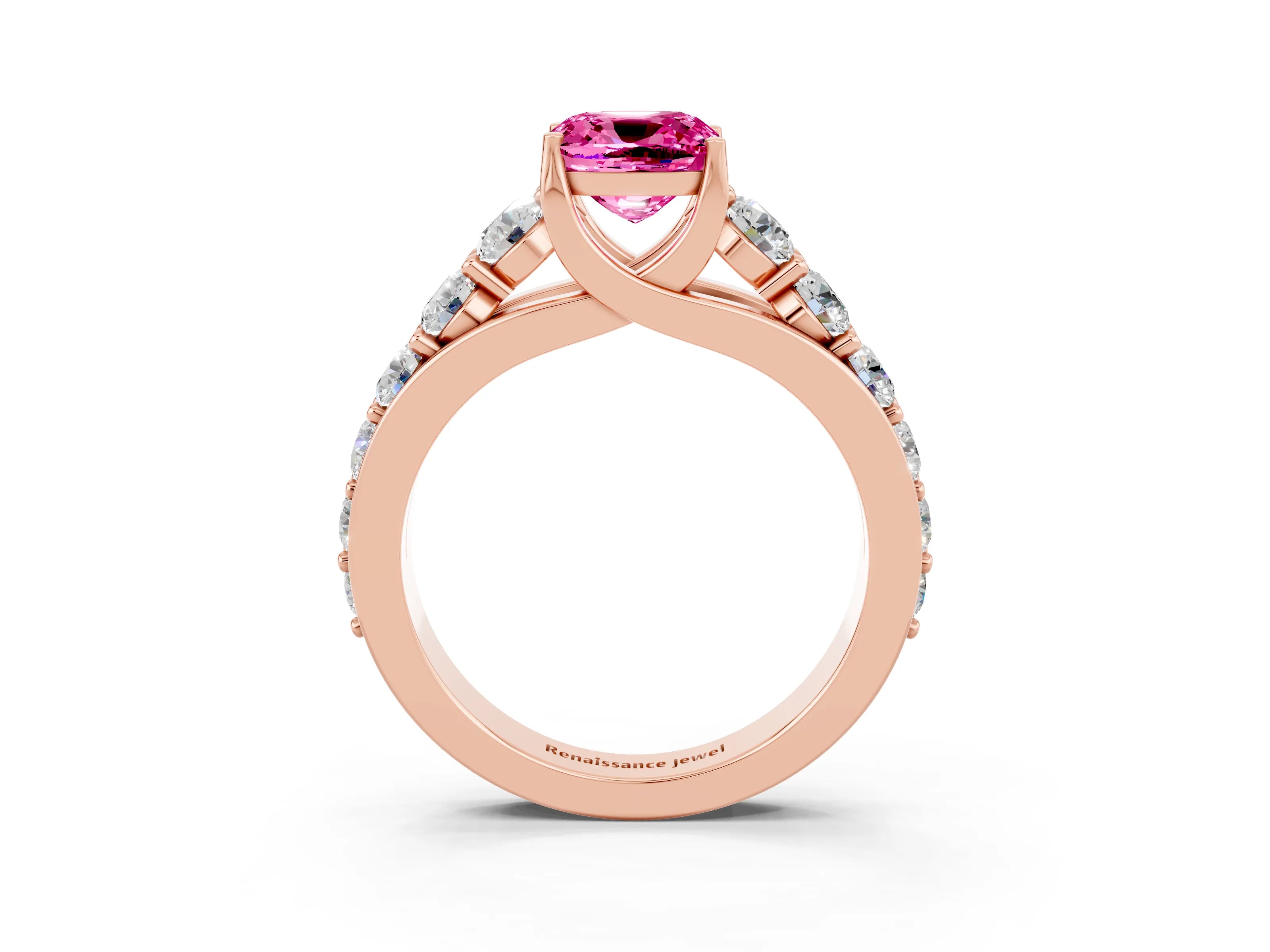 Rose gold Cushion Cut Pink Sapphire Engagement Ring with Pavé Band and Four-Prong Setting_3