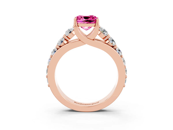 Rose gold Cushion Cut Pink Sapphire Engagement Ring with Pavé Band and Four-Prong Setting