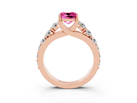 Rose gold Cushion Cut Pink Sapphire Engagement Ring with Pavé Band and Four-Prong Setting_3