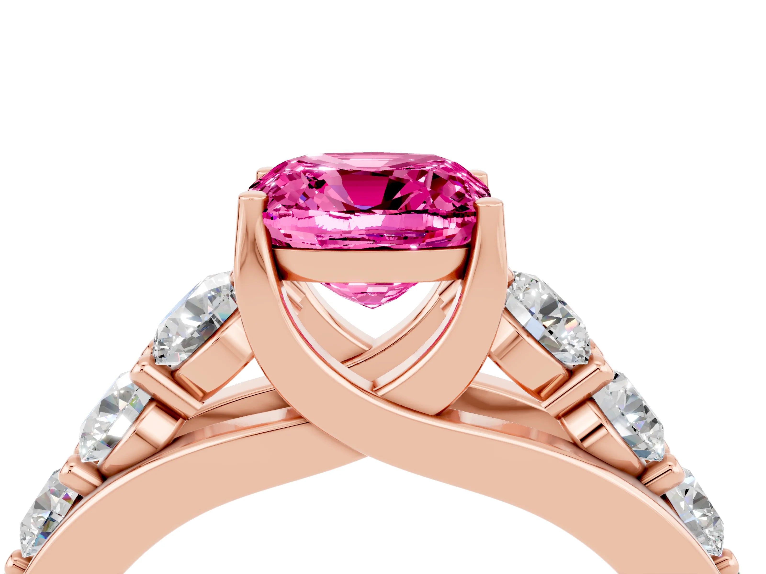 Rose gold Cushion Cut Pink Sapphire Engagement Ring with Pavé Band and Four-Prong Setting_4
