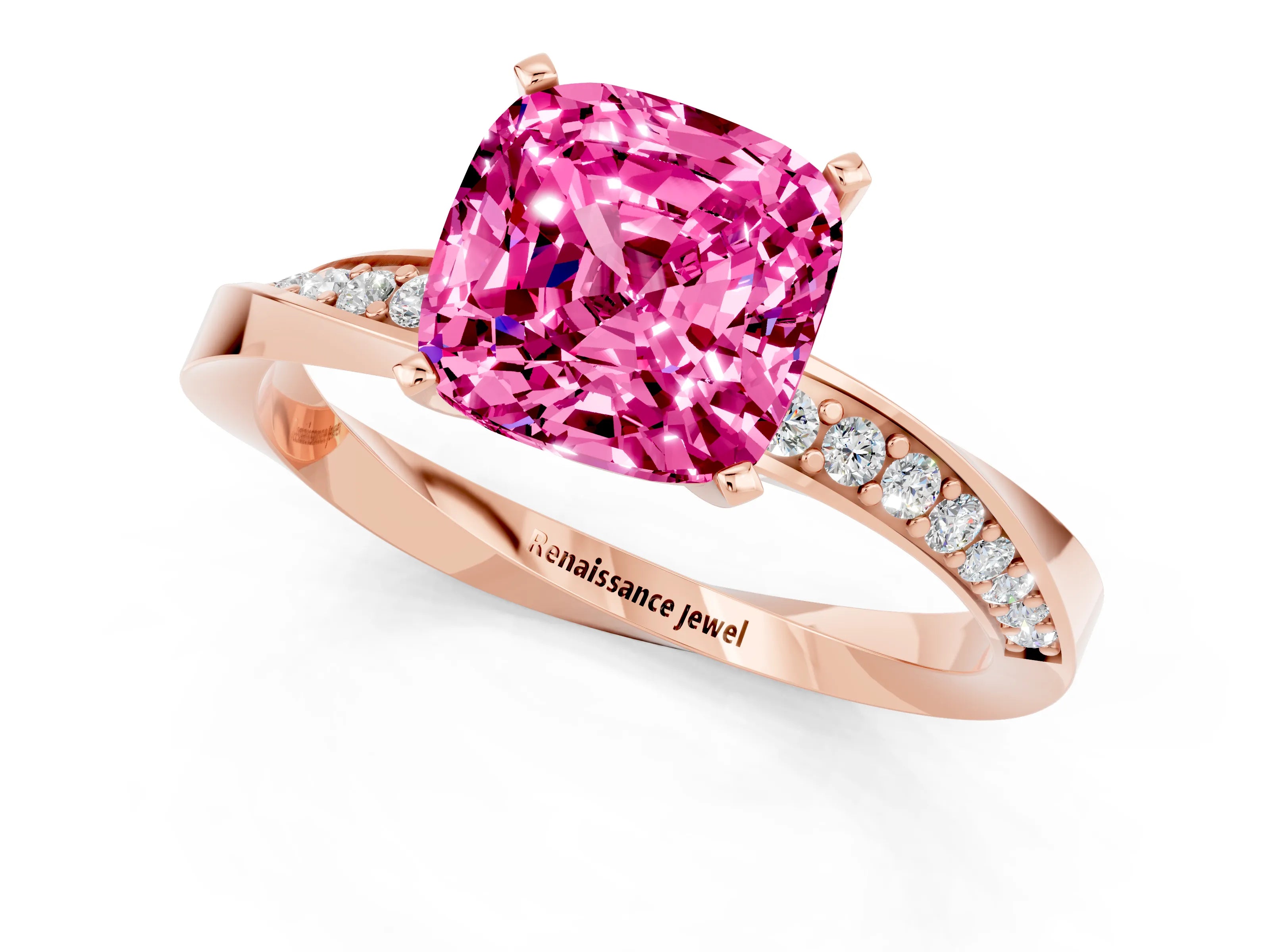Rose gold Cushion Cut Pink Sapphire Engagement Ring with Side Stone Accents and Four-Prong Setting_52