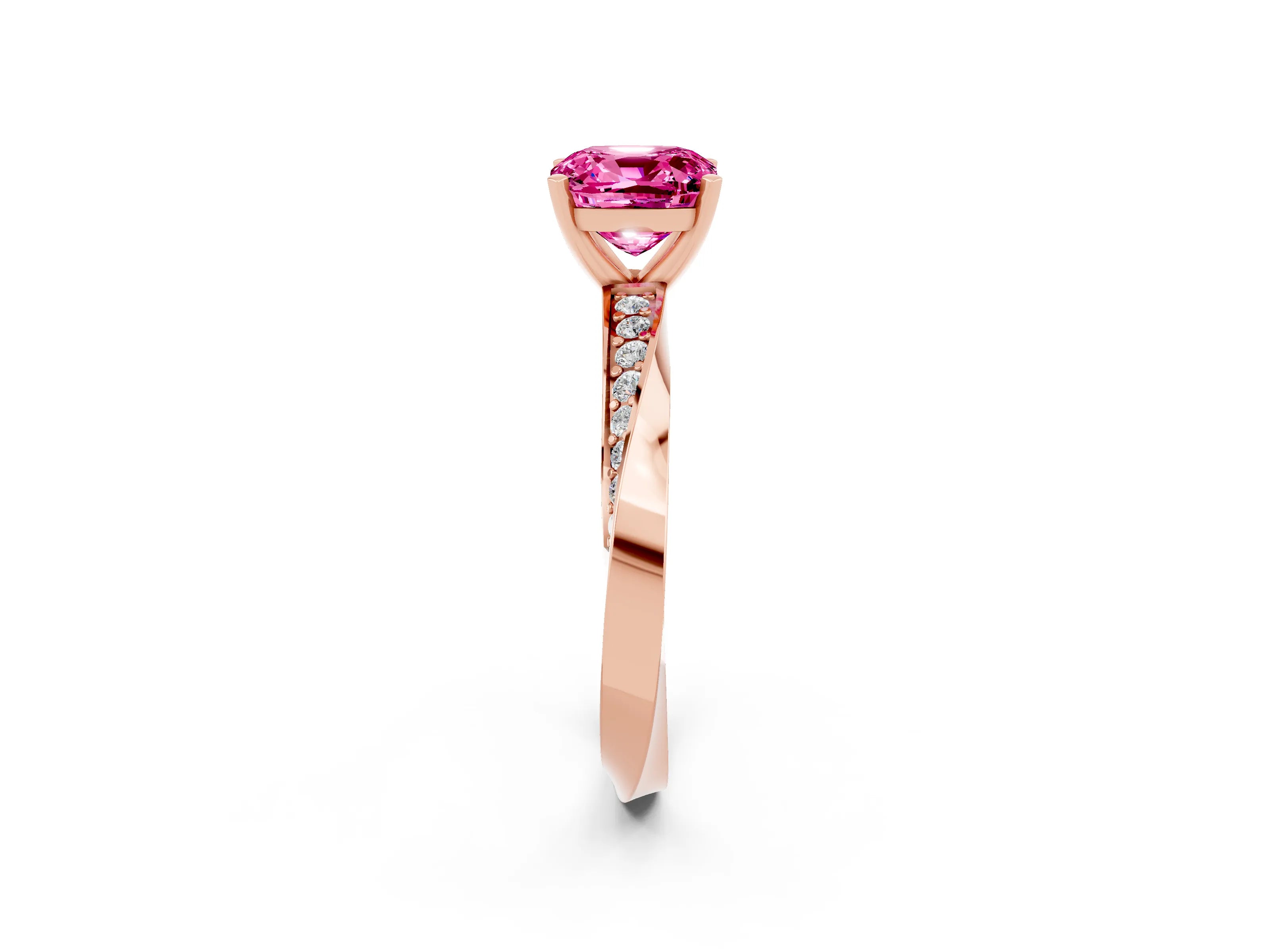 Rose gold Cushion Cut Pink Sapphire Engagement Ring with Side Stone Accents and Four-Prong Setting_53