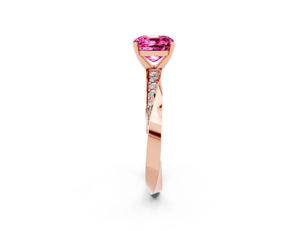 Rose gold Cushion Cut Pink Sapphire Engagement Ring with Side Stone Accents and Four-Prong Setting