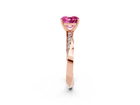 Rose gold Cushion Cut Pink Sapphire Engagement Ring with Side Stone Accents and Four-Prong Setting_53