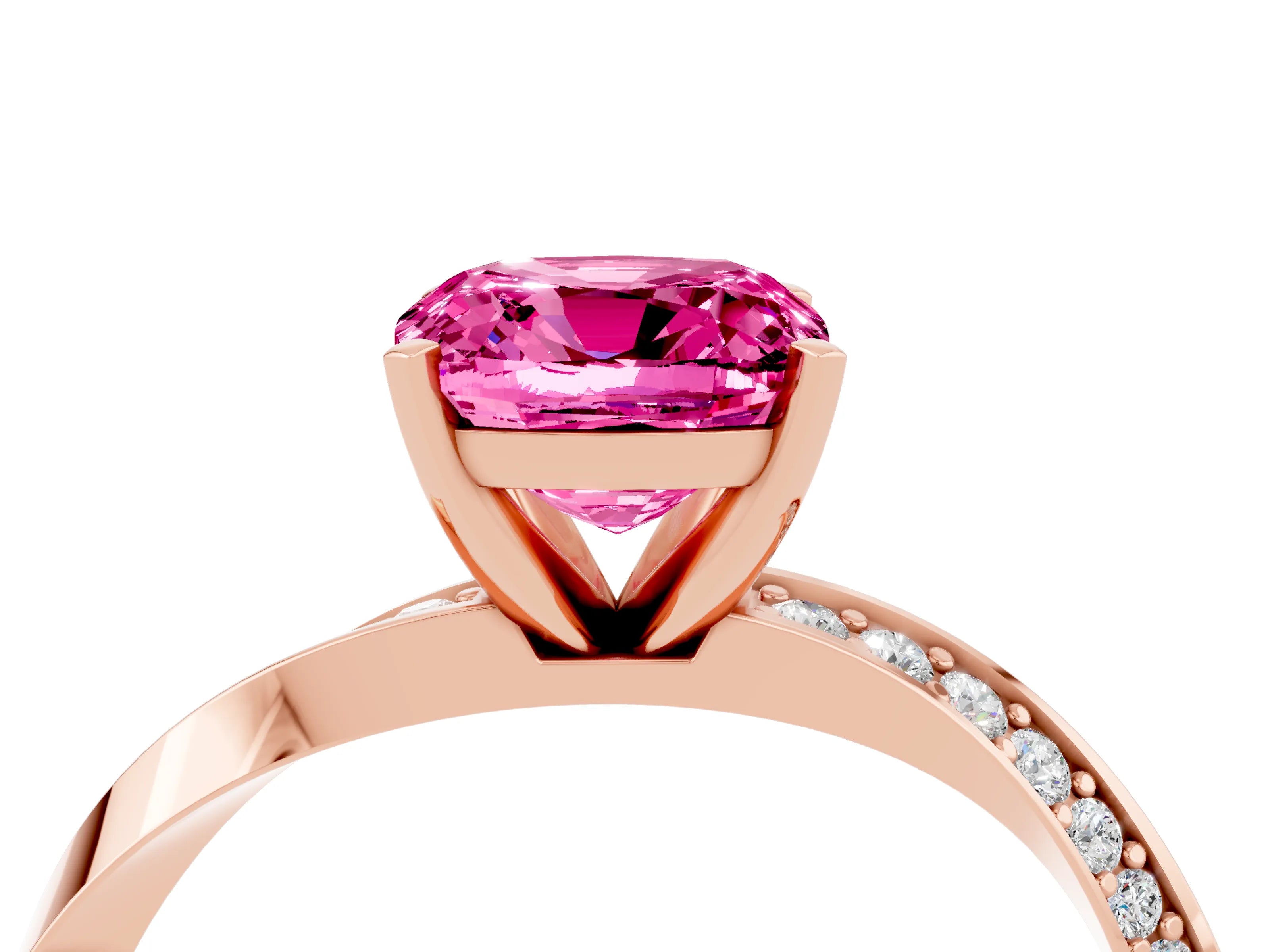 Rose gold Cushion Cut Pink Sapphire Engagement Ring with Side Stone Accents and Four-Prong Setting_55