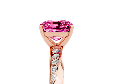 Rose gold Cushion Cut Pink Sapphire Engagement Ring with Side Stone Accents and Four-Prong Setting_56