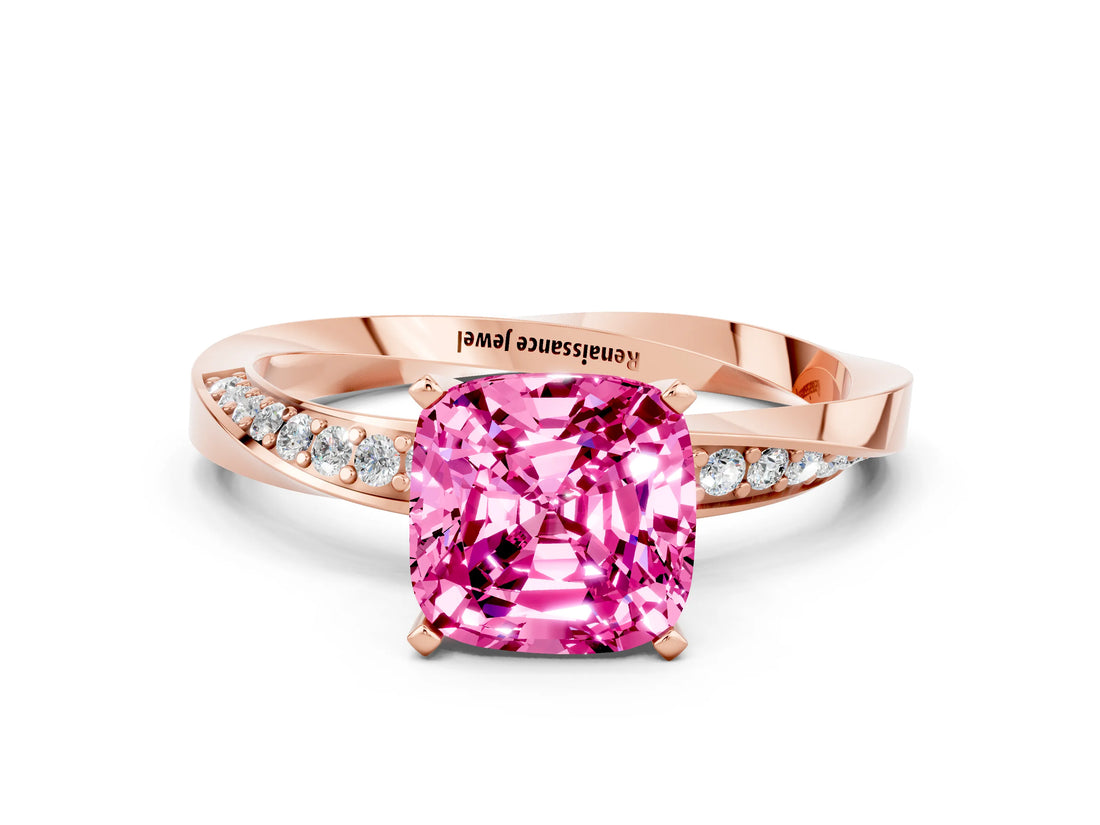 Rose gold Cushion Cut Pink Sapphire Engagement Ring with Side Stone Accents and Four-Prong Setting_84