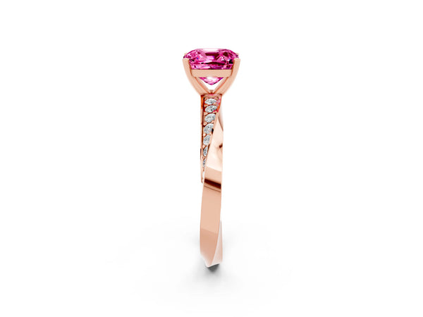 Rose gold Cushion Cut Pink Sapphire Engagement Ring with Side Stone Accents and Four-Prong Setting