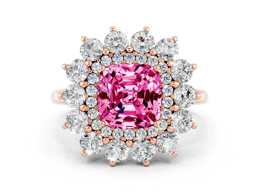 Rose gold Cushion Cut Pink Sapphire Floral Double Halo Engagement Ring with Prong Setting_60
