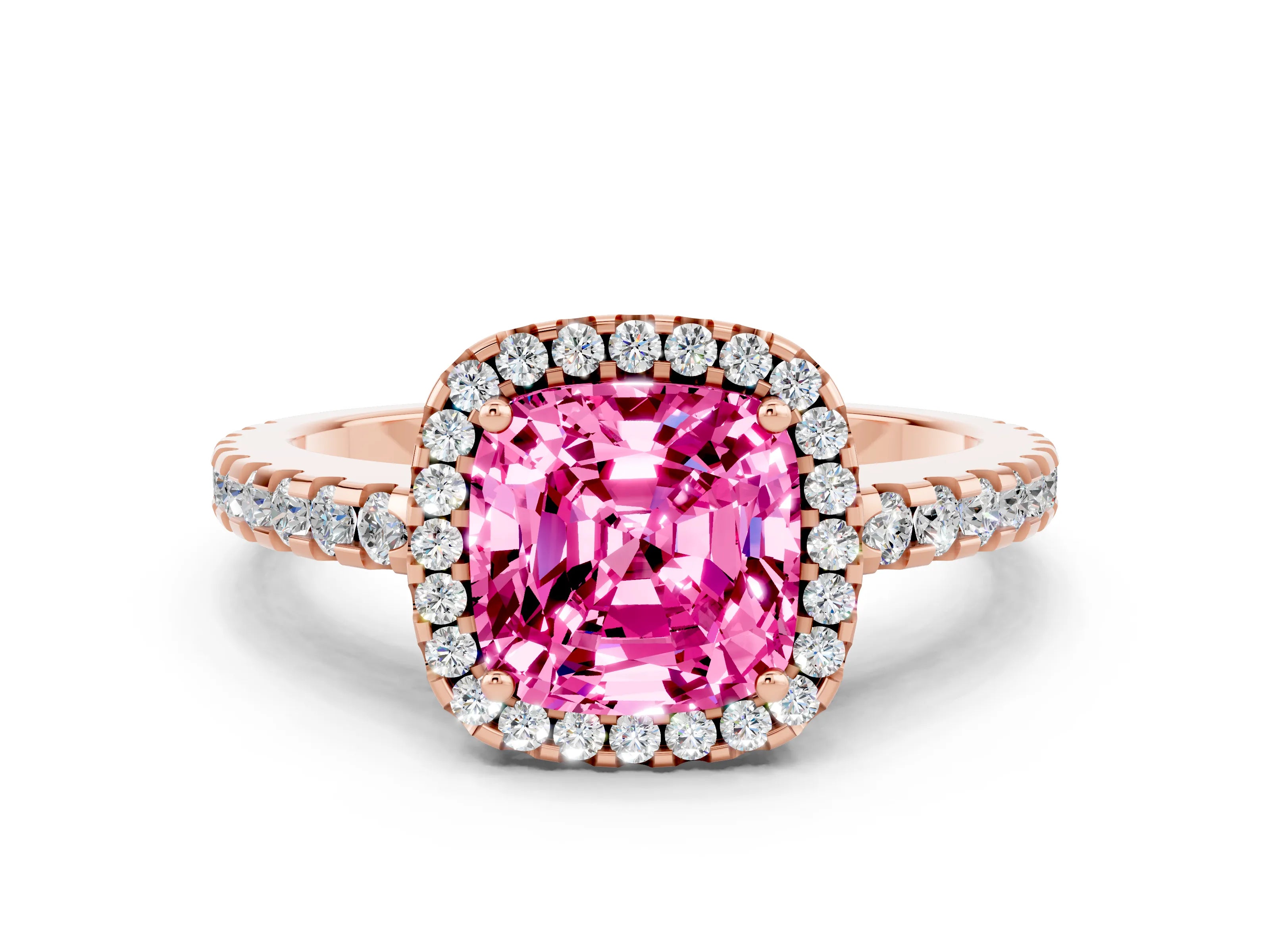 Rose gold Cushion Cut Pink Sapphire Halo Engagement Ring with Pavé Band and Prong Setting_12